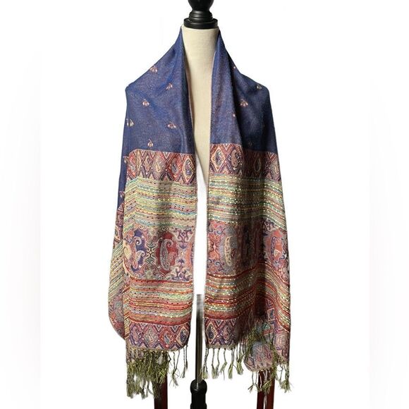 Pashmina Shawl/Scarf Multicolor w/Embroidered Designs & Tassels - Picture 5 of 15